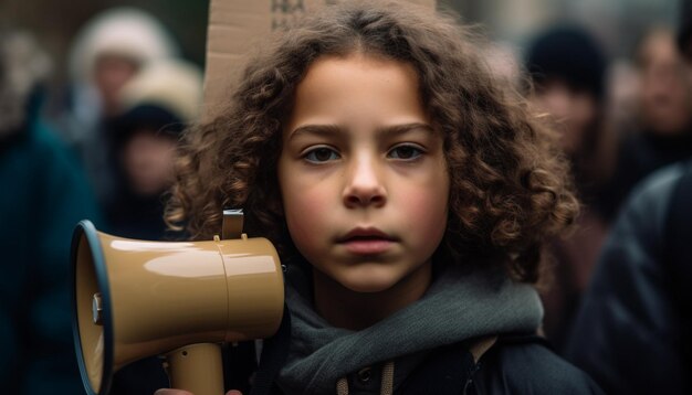 Photo cute children in warm clothing smiling and holding a megaphone generated by artificial intelligence