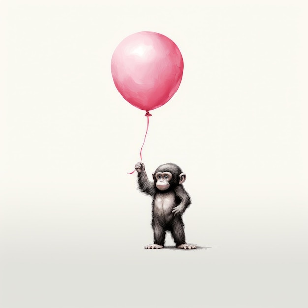 ピンクの風船を持つかわいいチンパンジー 単色のリアリズムとアニメーション GIF の融合