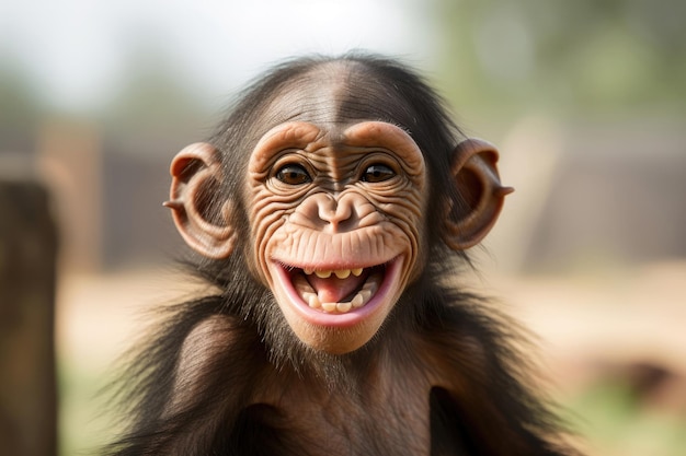 Cute chimpanzee with a big happy smile close up