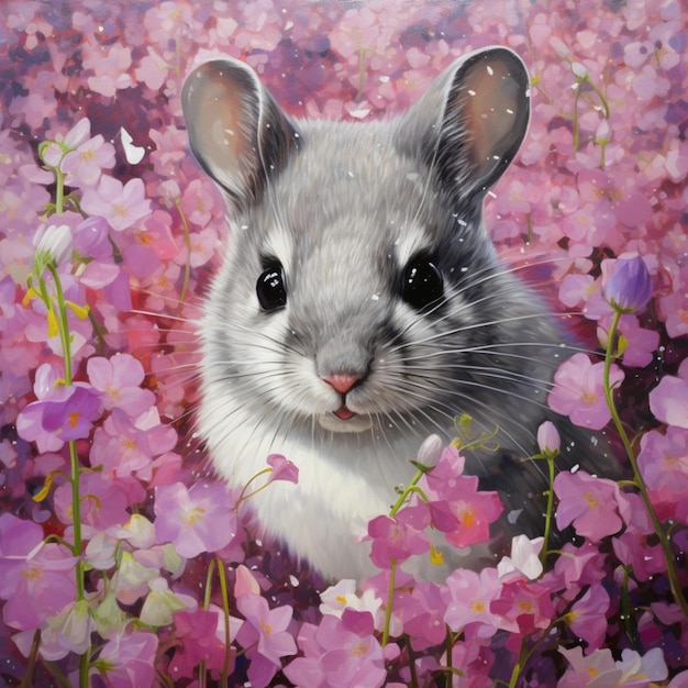 Photo cute chinchilla and pink flowers