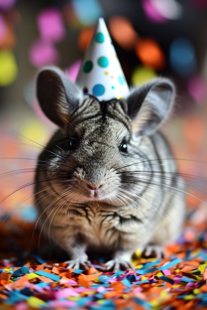 Foto un carino chinchilla che indossa un cappello da festa un biglietto di compleanno