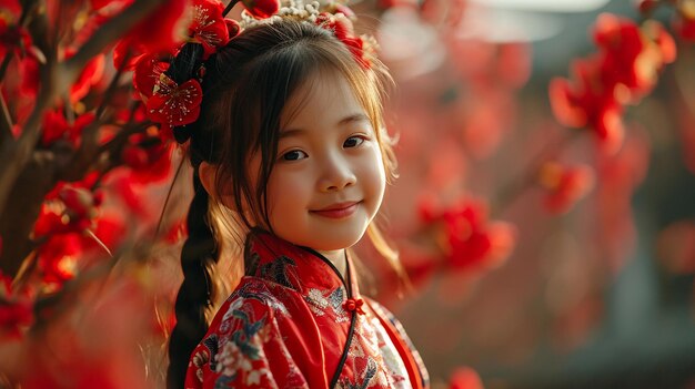 Cute chinese girl wear red cheongsam with beautiful smile in chinese new year celebrationr