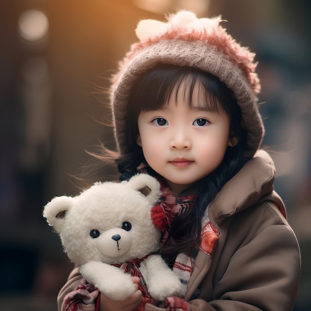 Милая китайская девушка носит милую повязку на голове и держит