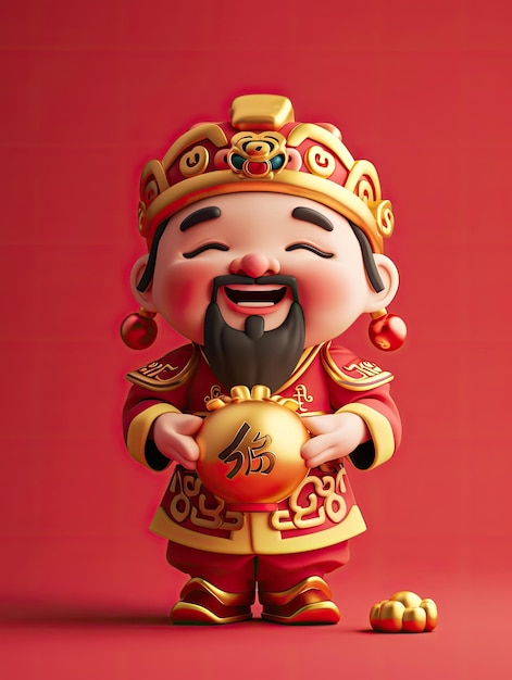 Cute Chinese God of wealth holding a large shiny gold ingot in his hand smiling red background