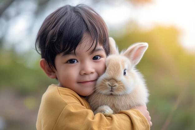 사진 귀여운 중국 소년은 팔에 털털한 토끼를 들고 포옹합니다 야외 가축 부활절 토끼
