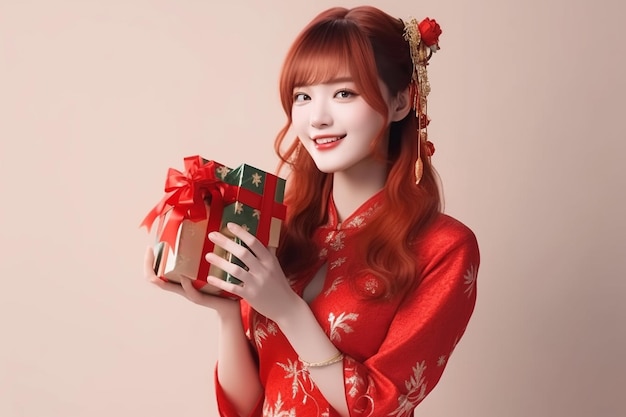 Cute Chinese woman wearing red dress holding gift box