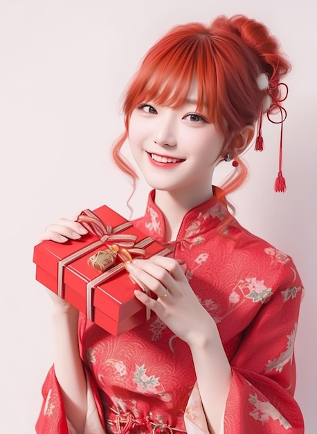 Cute Chinese woman wearing red dress holding gift box