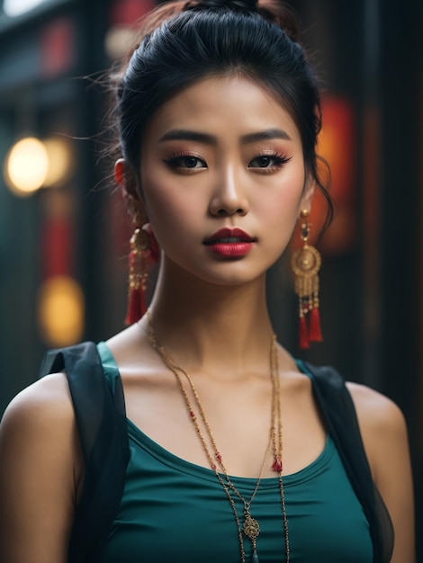 Cute Chinese women with a messy top knot bun mesh beautiful crop top dress