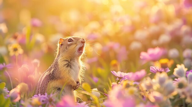 Photo cute chipmunk standing in a field of flowers looking up at the sky with mouth open in wonder