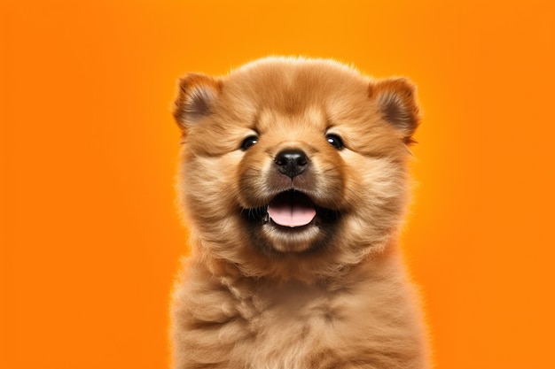 Cute chow chow puppy on orange background