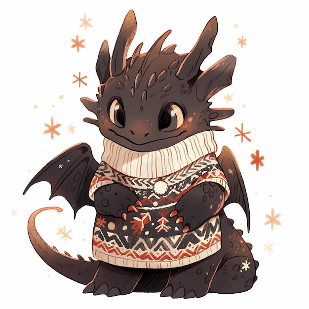 Cute Christmas black dragon in anime style on white background