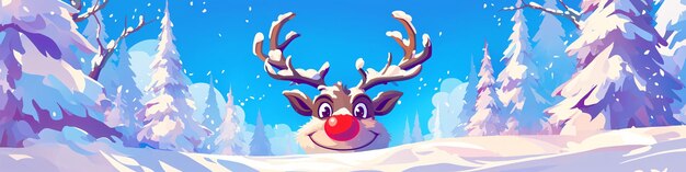 Photo cute christmas deer rudolph with red nose in snowy winter forest merry christmas and happy new year