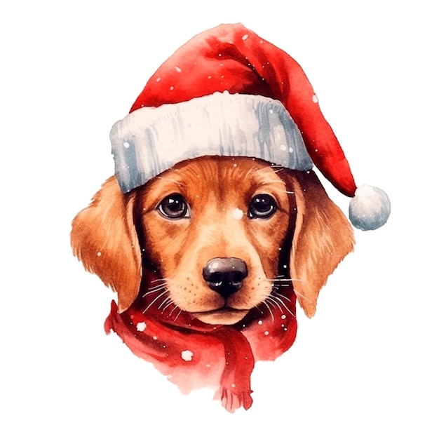 Cute Christmas dog face in red cap watercolor isolated illustration AI generative