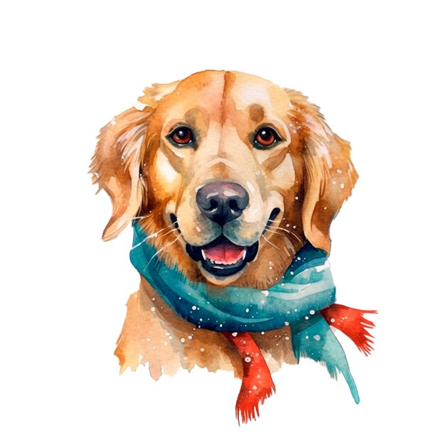 Cute Christmas dog face in red cap watercolor isolated illustration AI generative