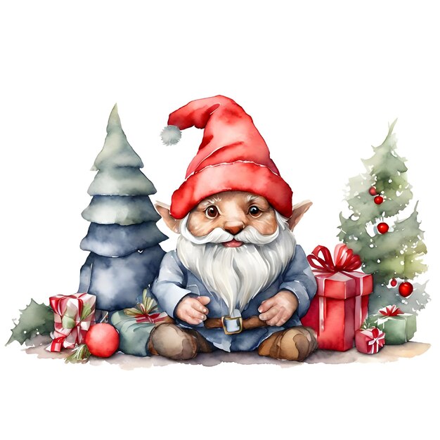 Cute Christmas gnome in red hat with gift boxes Watercolor illustration Holiday design