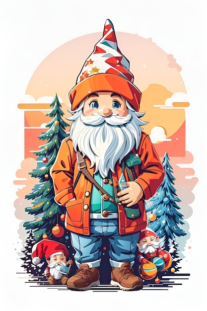 Cute Christmas gnomes illustration with pine trees and ornament