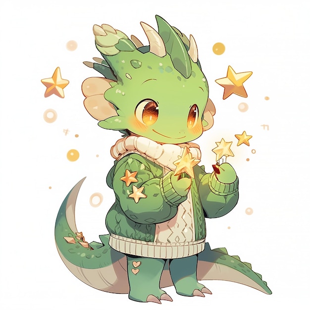 Cute Christmas green dragon in anime style on white background