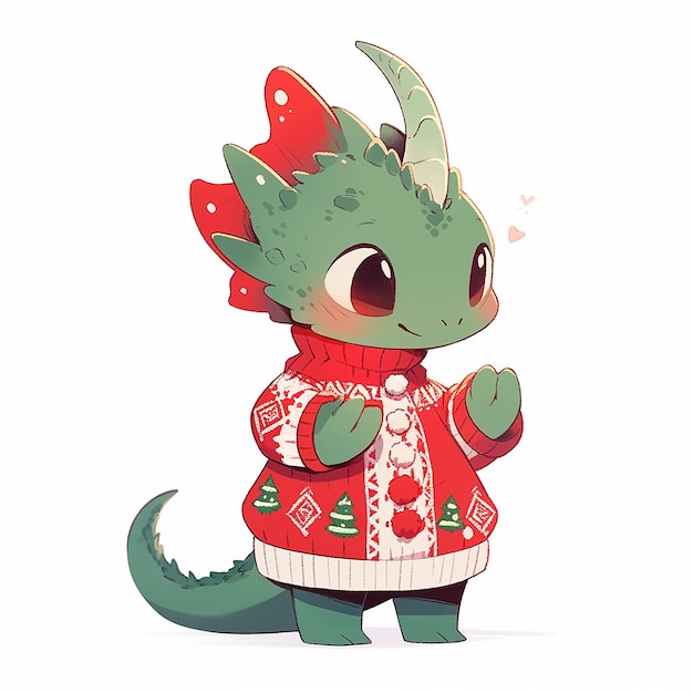 Cute Christmas green dragon in anime style on white background