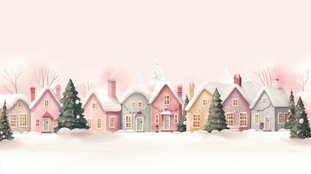 Cute Christmas houses in a row Christmas New Year banner