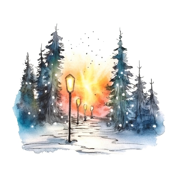 Cute Christmas Light City and Tree Watercolor Illustration Xmas Festive Holiday Drawing