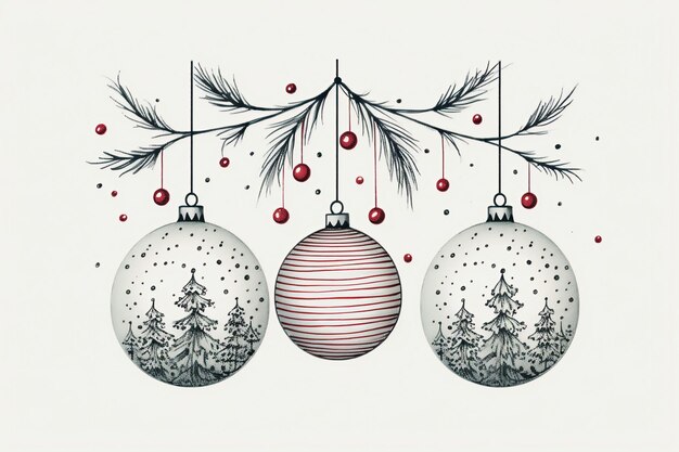 Photo cute christmas ornament bauble drawing illustration with wreath pine tree leaves and red berries