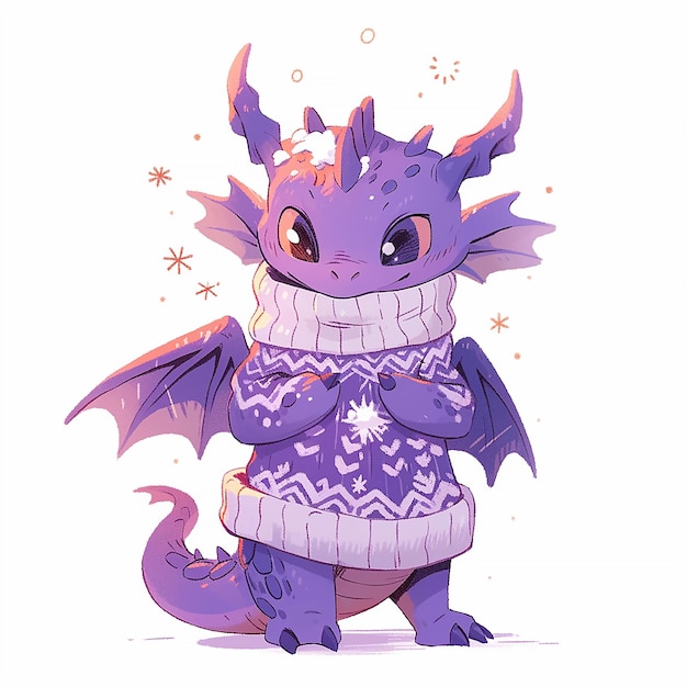 Cute Christmas purple dragon in anime style on white background