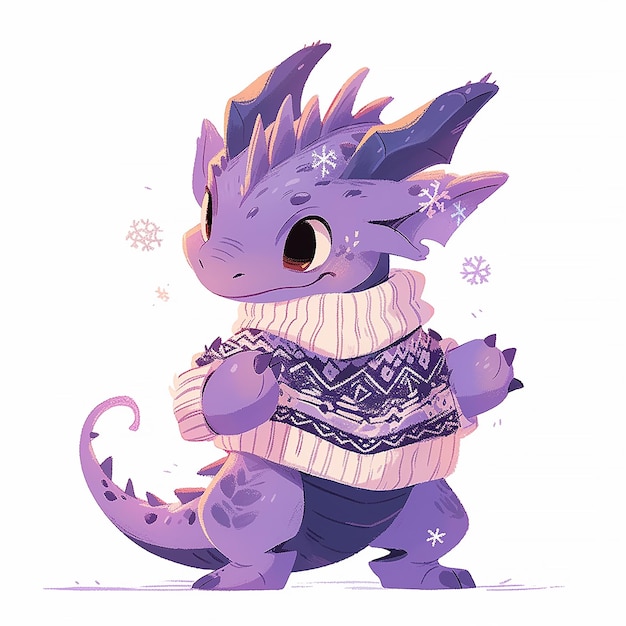 Cute Christmas purple dragon in anime style on white background