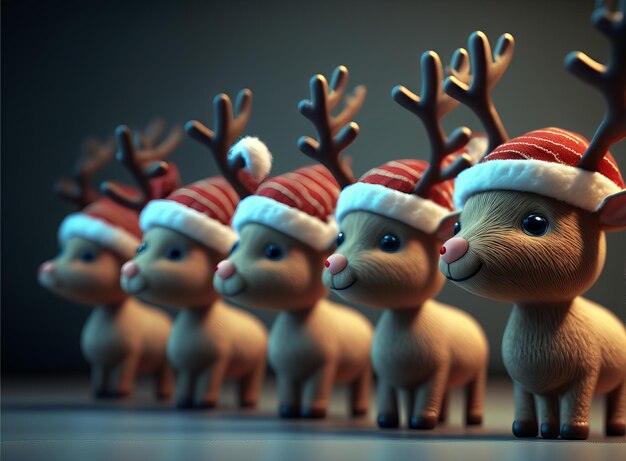 Photo cute christmas reindeer character wearing a red festive santa hat generative ai