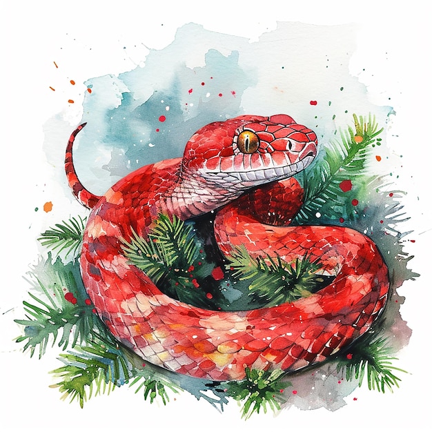 cute Christmas snake illustration on white background New Year 2025