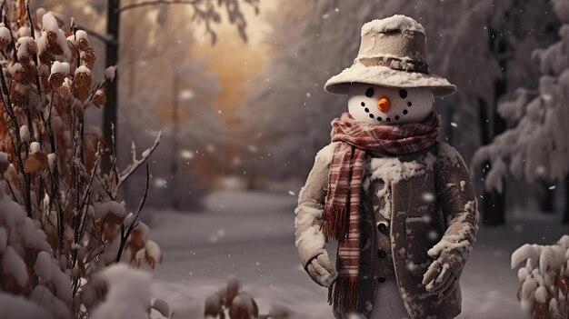 Foto carino pupazzo di neve di natale nella foresta invernale auguri di natale