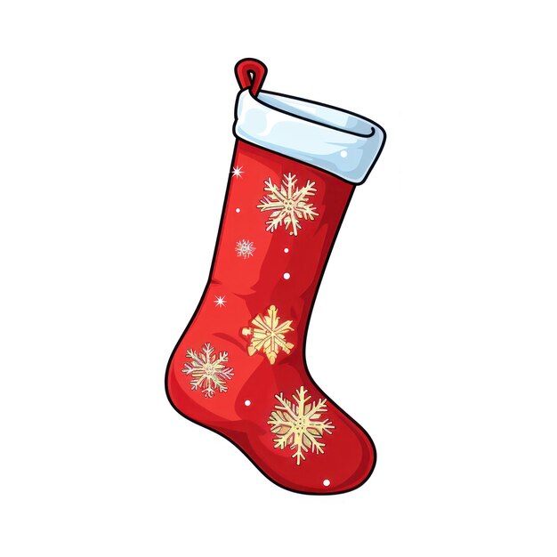 a cute Christmas stocking with snowflakes simple line art with color on an isolated white background