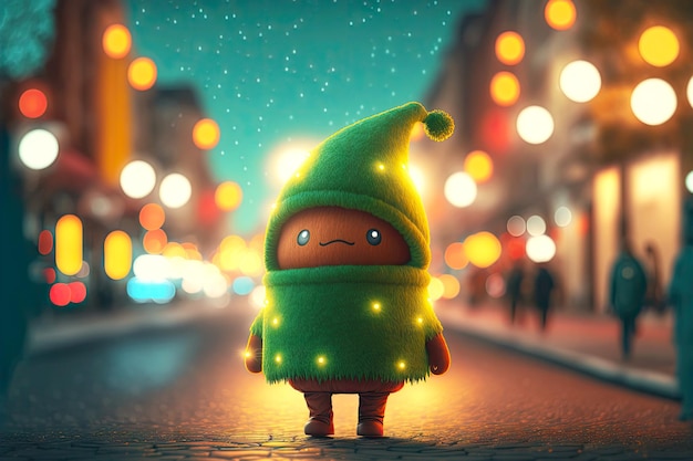 조명이 켜진 도시 거리를 배경으로 마을을 걷는 귀여운 크리스마스 트리 캐릭터