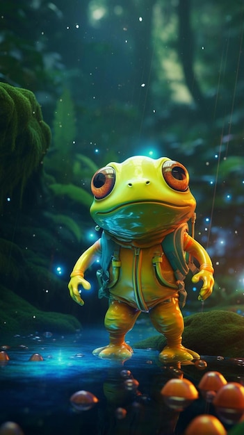 Cute chubby big eyed frog wearing glowing colorful rubber suit walking in lush avatar forest