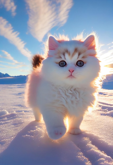 A cute chubby short-legged mini American white kitten. AI Generated