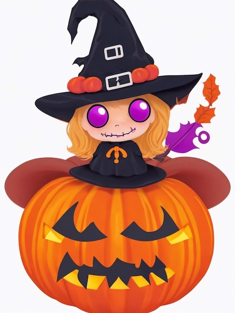 Foto simpatico cartone animato clipart sorriso spaventoso della strega di halloween con cappello da mago pumpkim per adesivo giorno di halloween