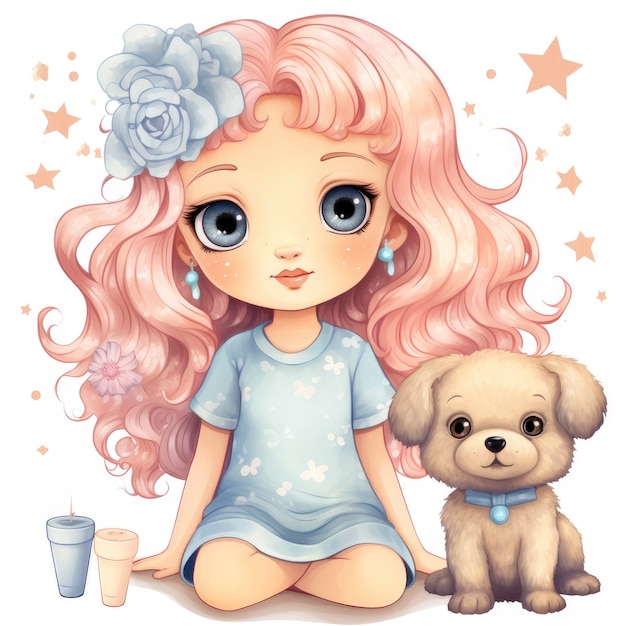 Cute clipart girl and stars pastel colors