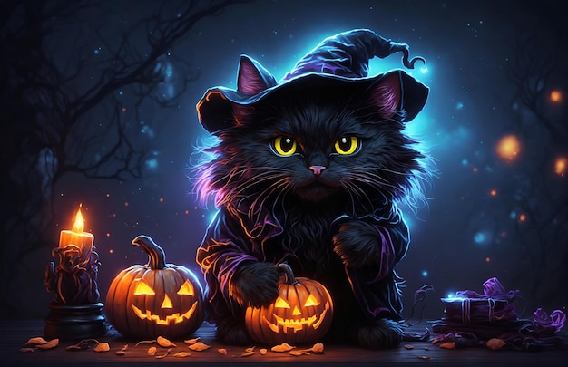 AI によって生成されたウィザードのかわいいクリップアート ハロウィン黒猫画像