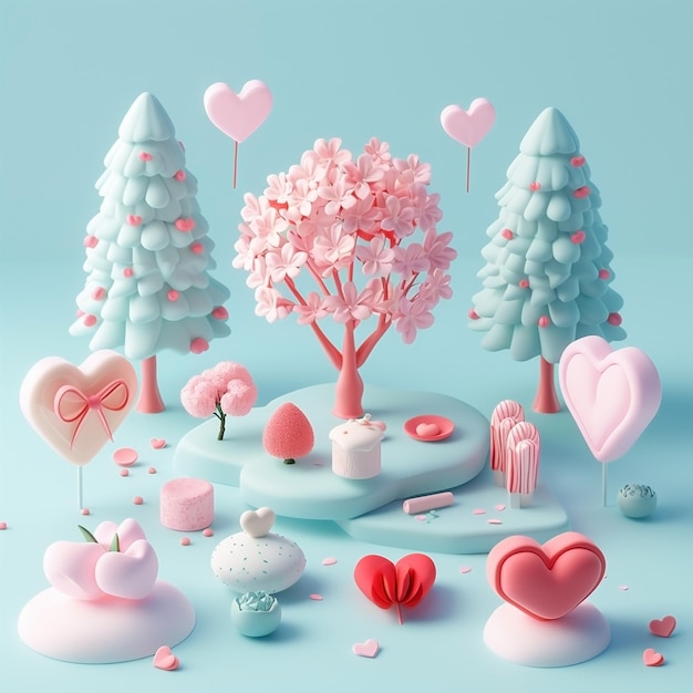 Cute clipart natuur elementen zoals bomen bloemen 3d icoon klei render blender 3d pastel achtergrond