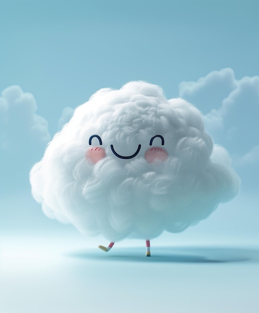 青い空の背景にある可愛い雲のキャラクター 3Dレンダリング