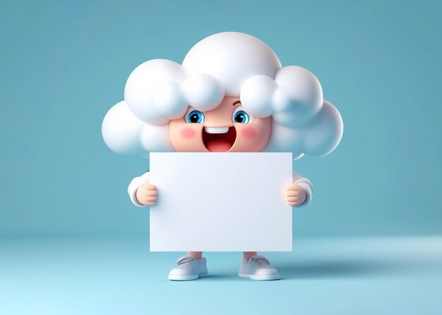Фото Милый облачный персонаж с белым пустым листом бумаги в руках пастельные цвета иллюстрация 3d