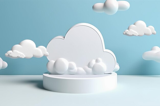 A cute cloud shaped object with a white podium and a blue background generative ai