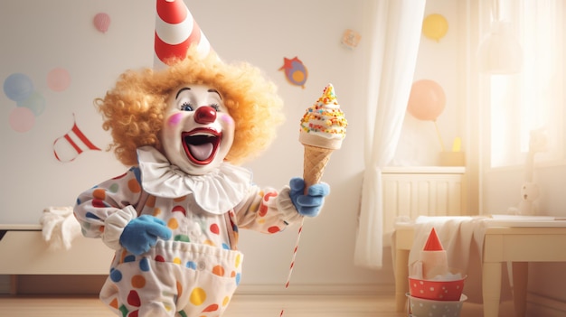 Cute clown wishes happy birthday with noisemaker