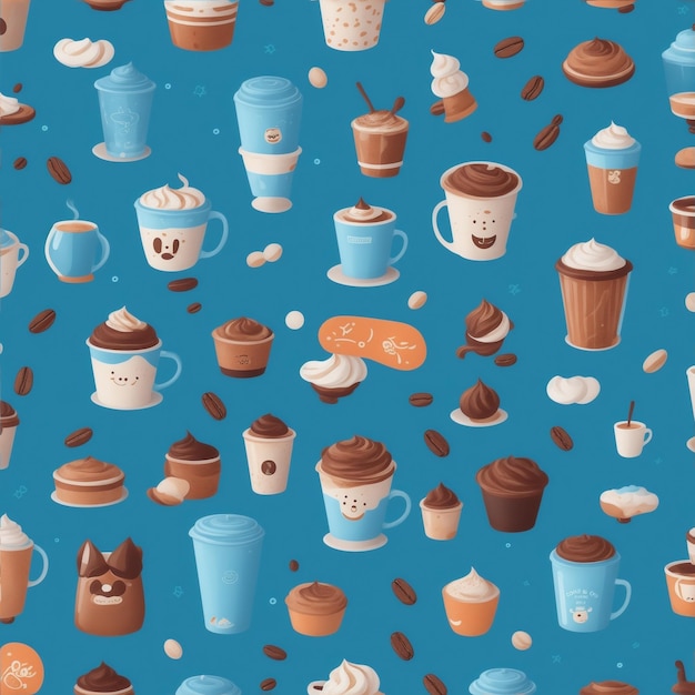 cute coffee pattern on blue background