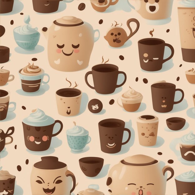 Photo cute coffee pattern with brown cup coffee