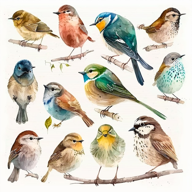 A cute collection of a bird on white background. AI Generated