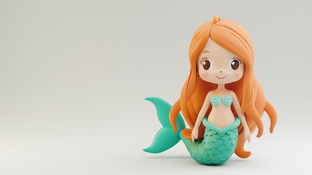 Cute and colorful 3D illustration of a mermaid with orange hair and a green tail Perfect for childrens books games and other projects