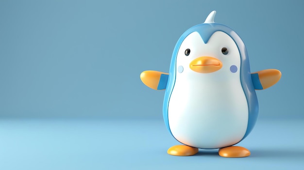 Милый и красочный 3D-рендеринг пингвина Пингвин стоит на светло-голубом фоне и имеет распростертые крылья