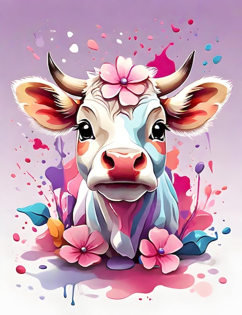Foto un carino colorato bambino mucca fiore fantasia spruzza moderna maglietta disegno acquerello generativo da ai