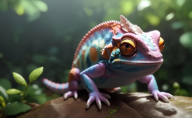 Cute colorful chameleon with nature background