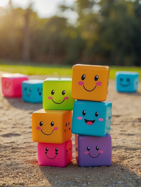 Cute colorful cubes bouncing on the ground Smiling while their arms and legs hang out and down